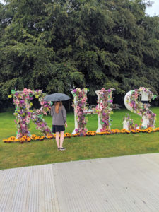 RHS logo, covered in flowers, at the entrance to Tatton Park.
